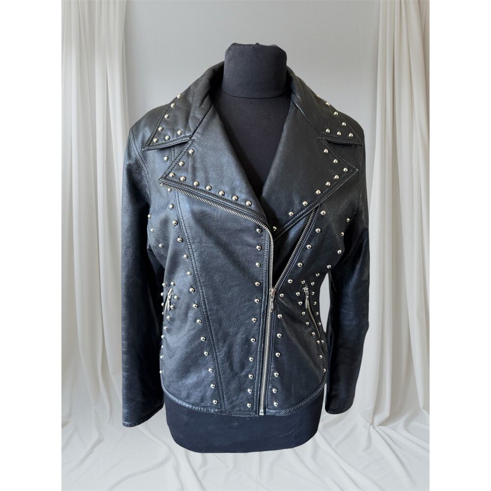 Women's Studded Vintage Leather Motorcycle Jacket, M